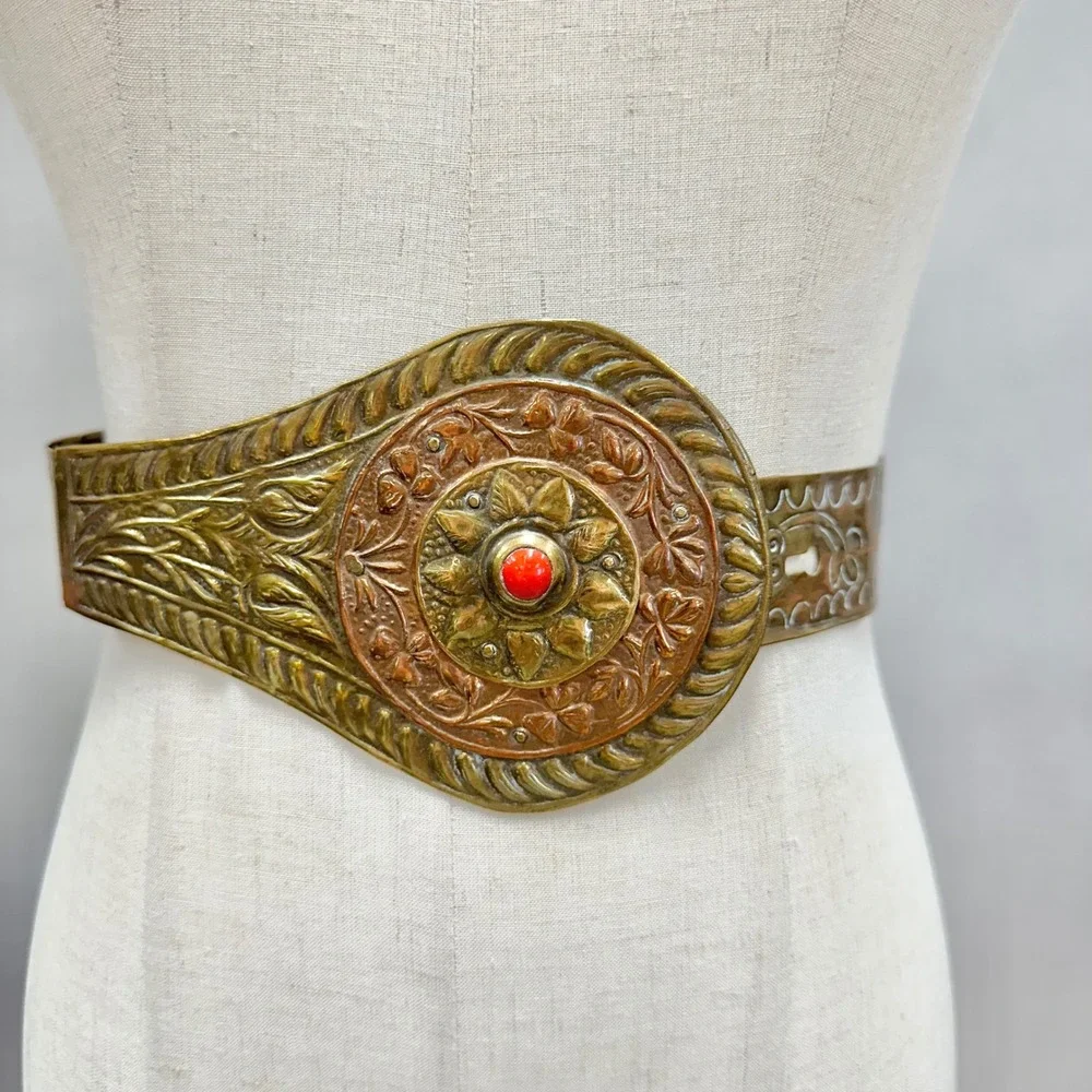 Vintage Brass & Copper Etched Metal Belt  Red Cabochon Centerpiece Made in India